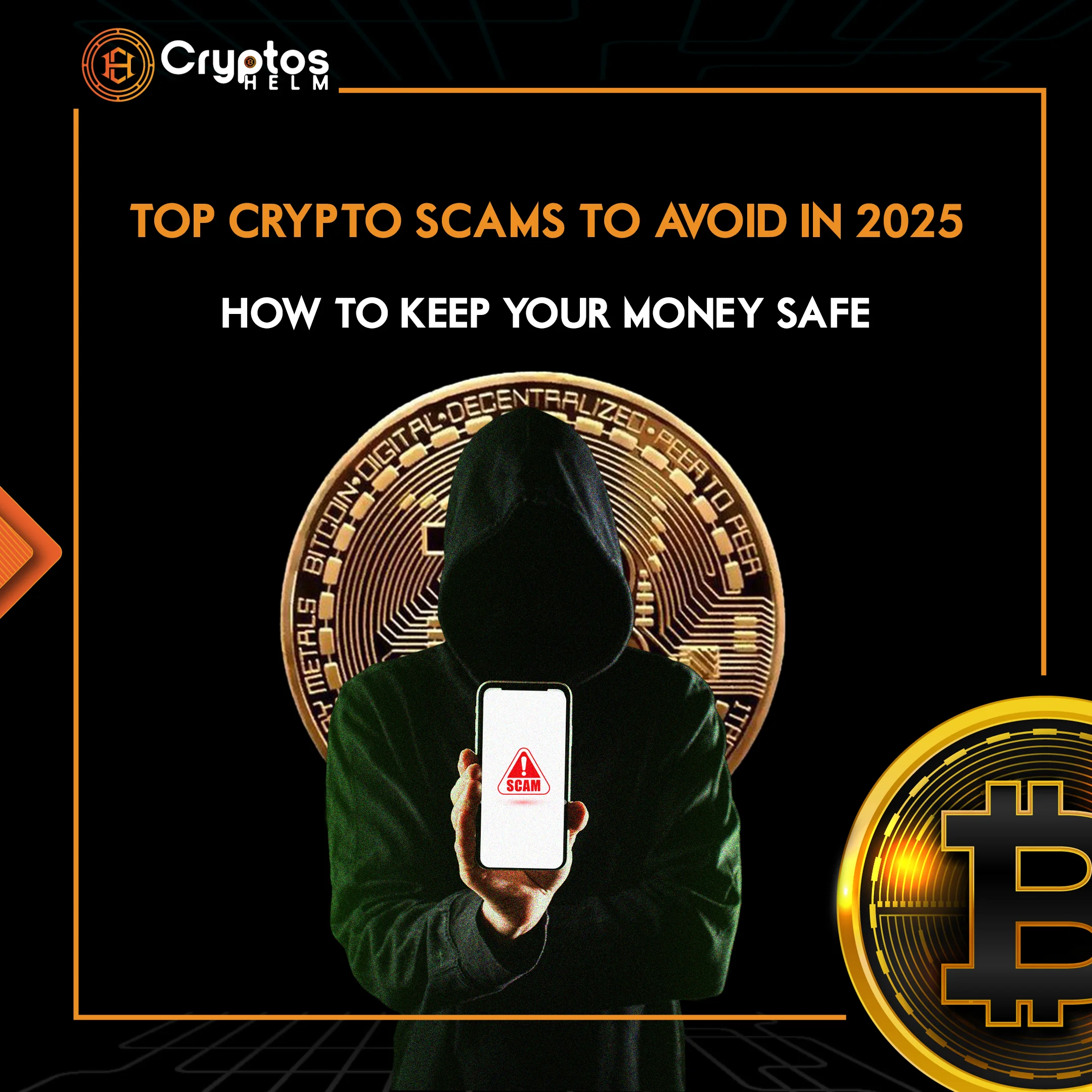 Cryptocurrency scams warning 2025 with security shield protecting Bitcoin and digital assets from fraud and phishing attacks