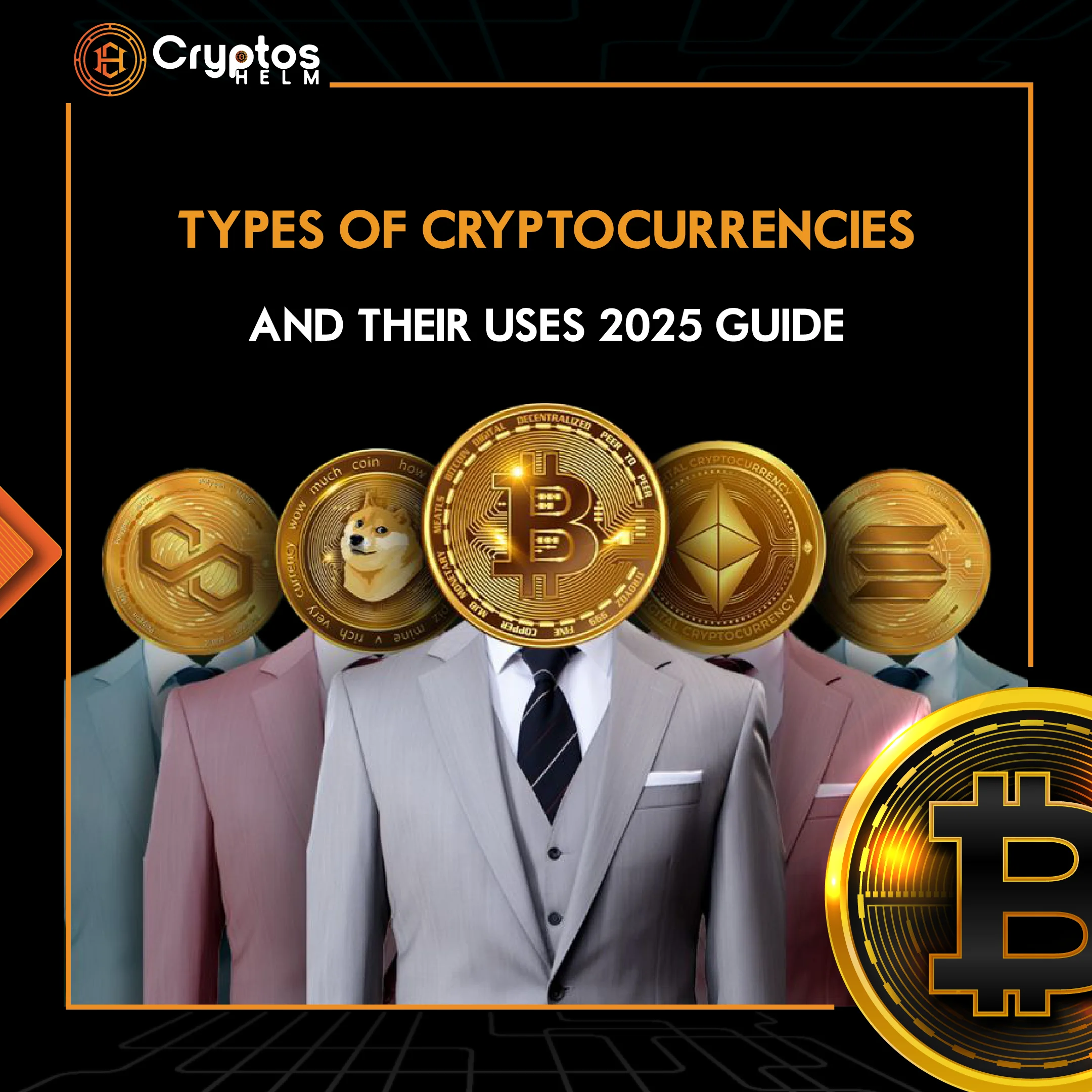 Types of cryptocurrencies illustrated with Bitcoin and other digital coins representing blockchain technology and crypto investment guide 2025