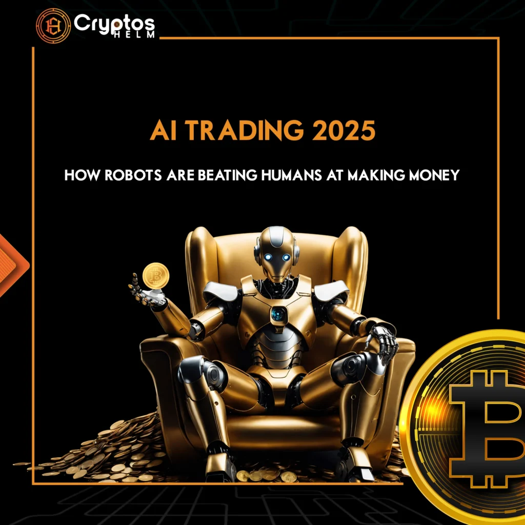 AI trading bots analyzing cryptocurrency markets in 2025, showing how robots outperform human traders.