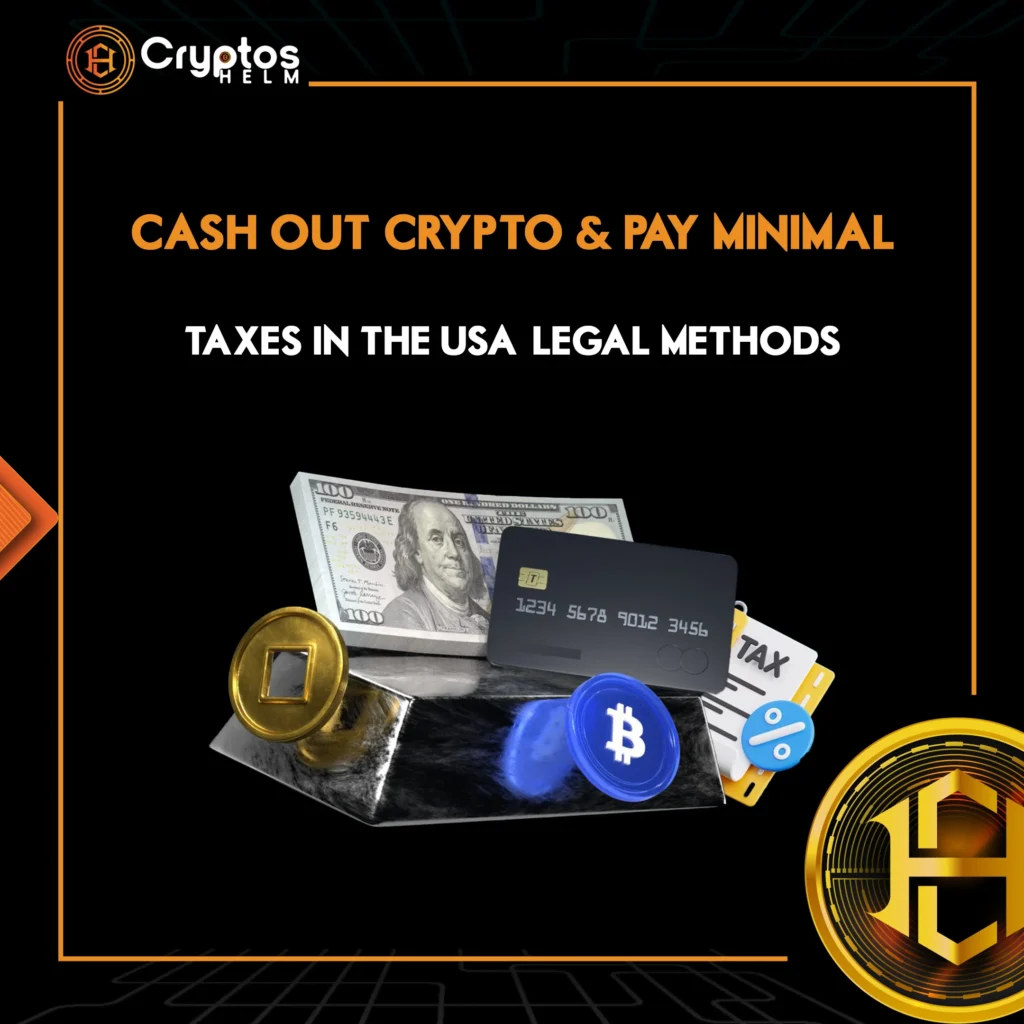 Legal strategies and methods to cash out cryptocurrency while paying minimal taxes in the USA, showing tax forms, calculator, and Bitcoin coins with IRS compliance guide for 2025.
