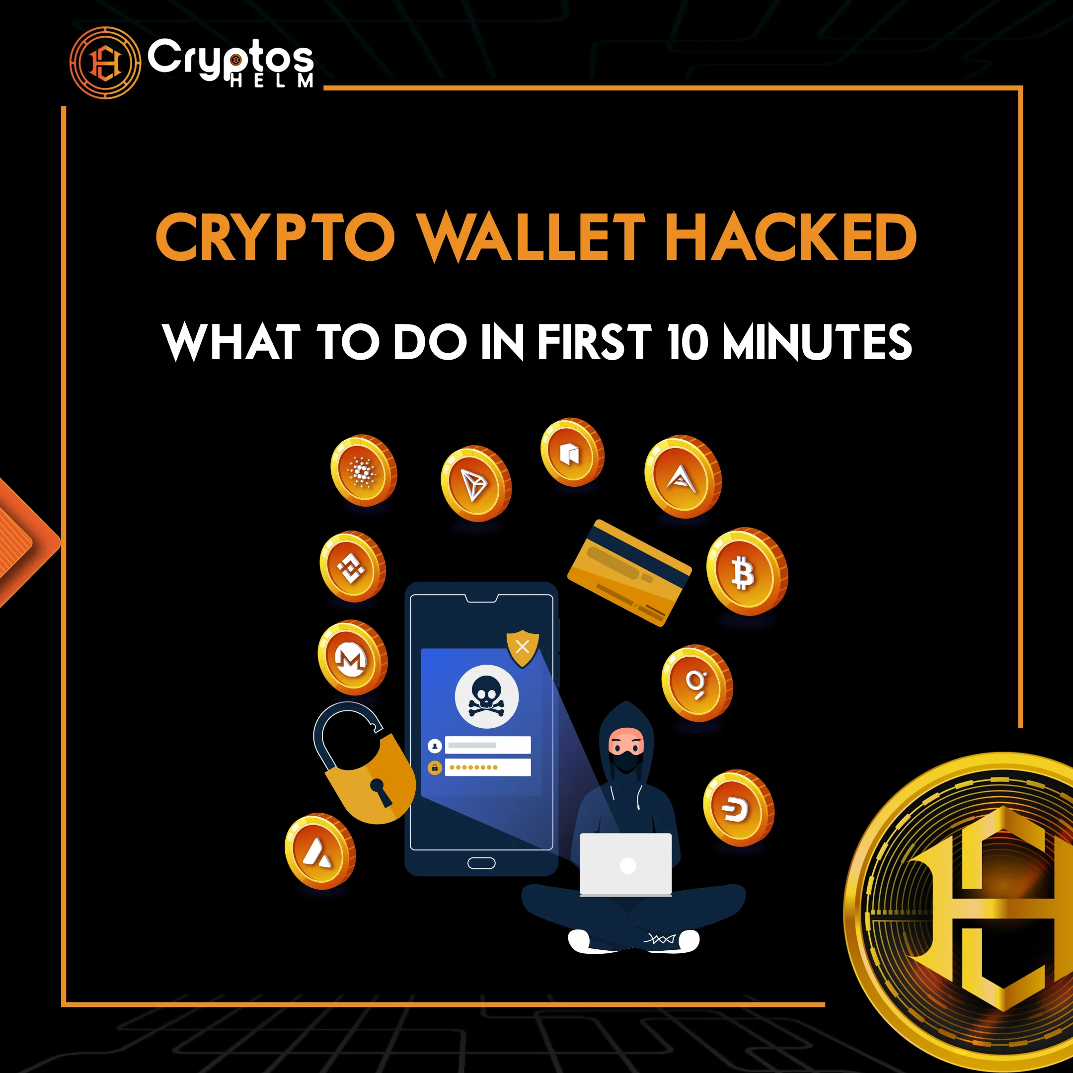Emergency response guide showing critical steps to take in first 10 minutes after crypto wallet hacked with security alert symbols and action checklist