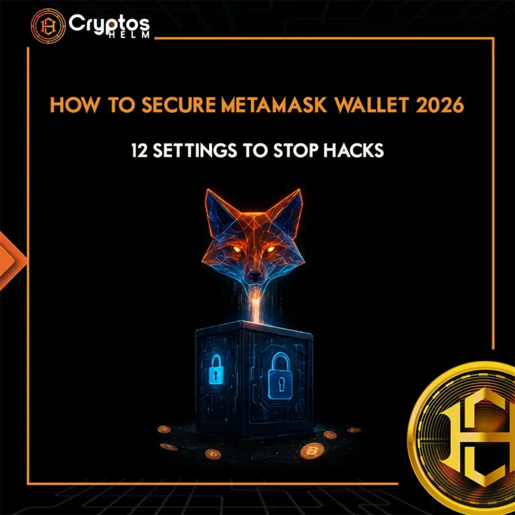 Infographic showing 12 essential MetaMask security settings to stop hacks in 2026.
