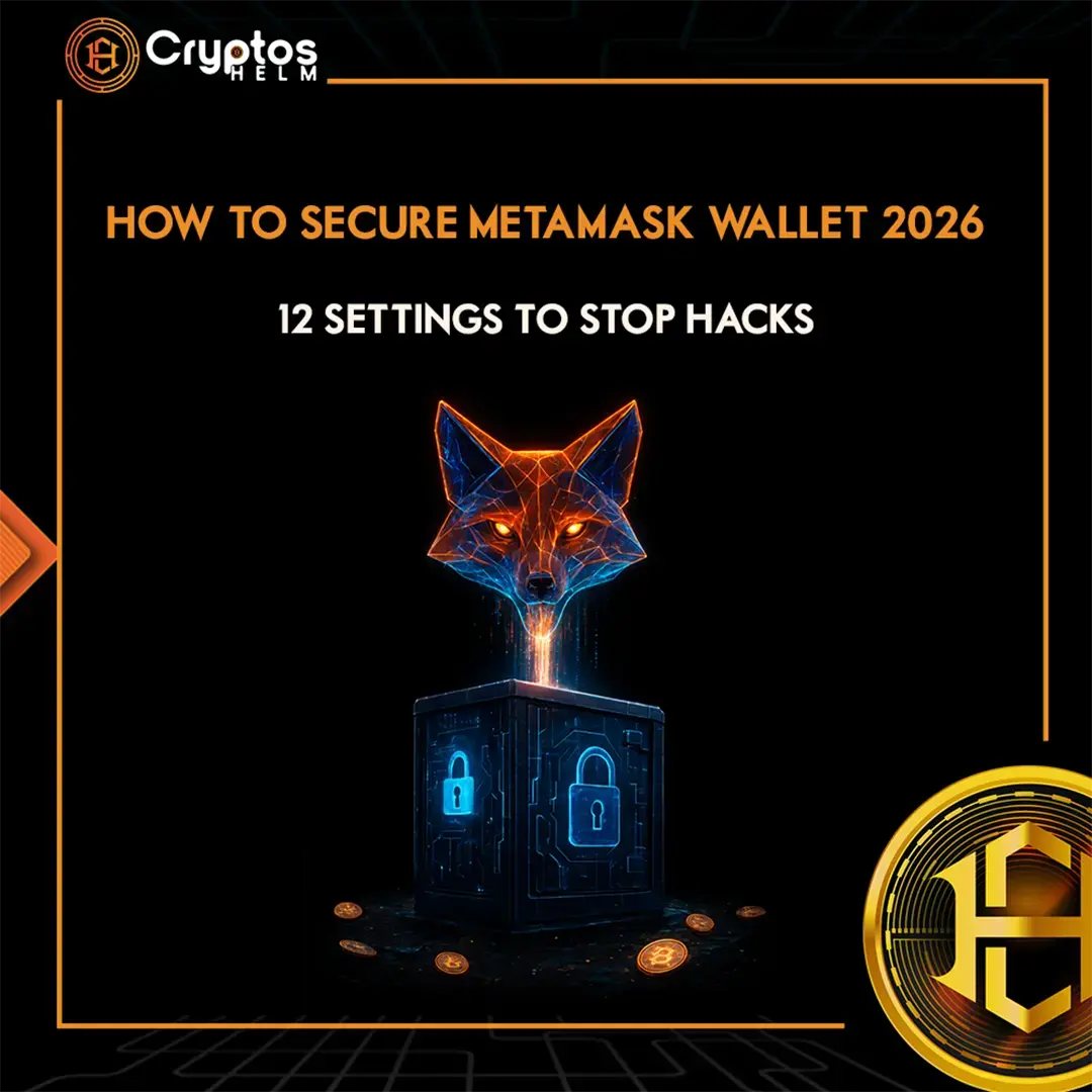 Infographic showing 12 essential MetaMask security settings to stop hacks in 2026.
